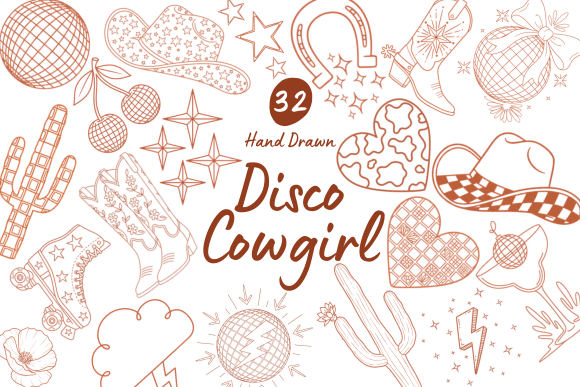 Download 32 Disco Cowgirl Hand Drawn Graphics - Draw Collection