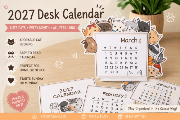 Download 2027 Cat Desk Calendar - Hand-draw Cat - Draw Collection