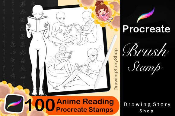 Download 100 Anime Reading Poses Procreate Stamps - Procreate stamp Collection