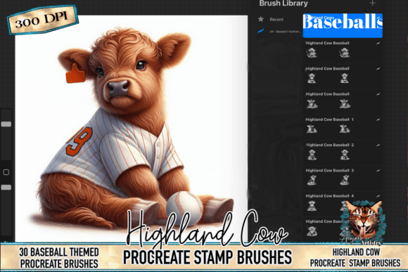 Download Baseball Highland Cow Procreate Stamps - Procreate stamp Collection